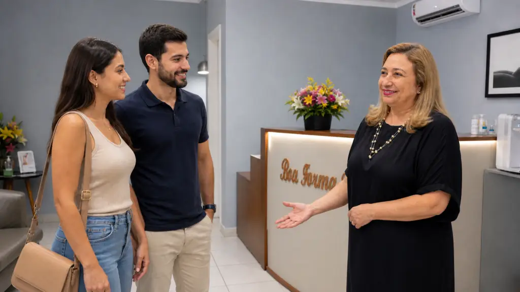 Simone Rebouças recebendo um casal jovem na recepção da Boa Forma Estética