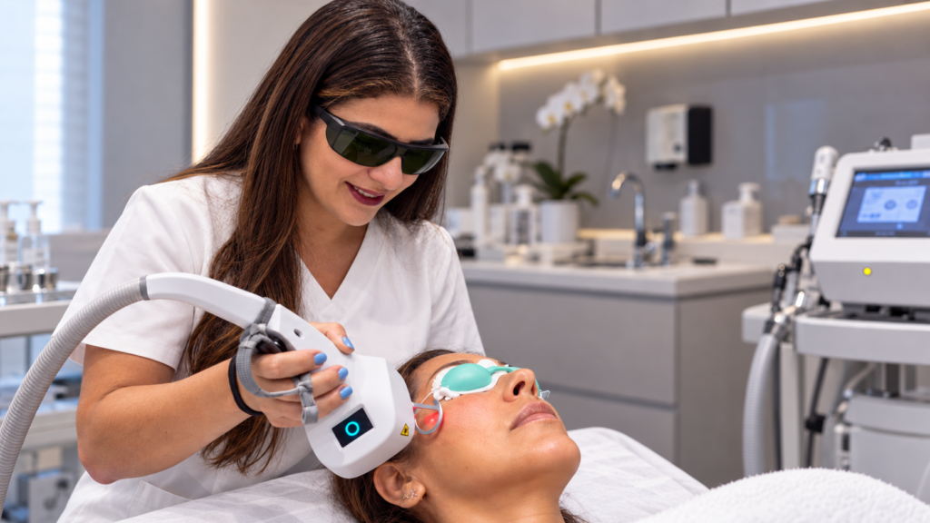 Camila aplicando Laser PISOM